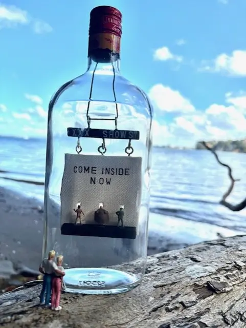 Come inside now, bottle artwork by Jesse James